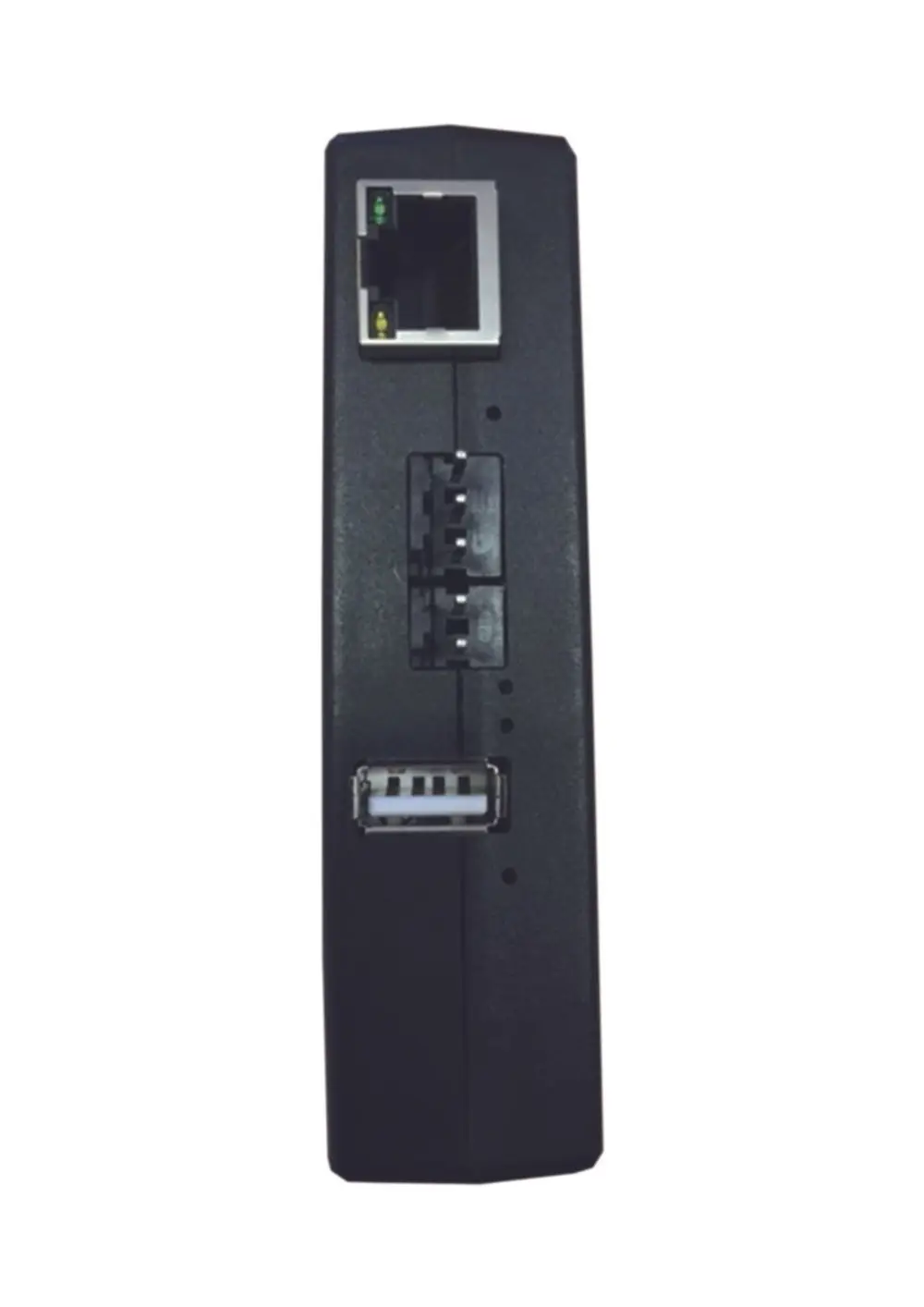 JUDO Connectivity-Modul in schwarzer Gehäusefarbe mit mehreren Anschlüssen, darunter ein Ethernet-Port, ein USB-Anschluss und zwei weitere Schnittstellen für die Verbindung.